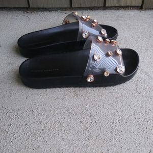 Womens Sophia Webster Black Dina Gem Embellished Slip On Slide Sandals Size 8